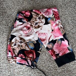 LuLaRoe Pink Rose & Cat Print Jogger Pants
